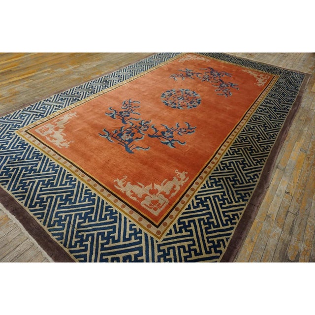 Art Deco 1920s Orange Pictoral Field Greek Key Antique Chinese Art Deco Wide Gallery Rug For Sale - Image 3 of 10