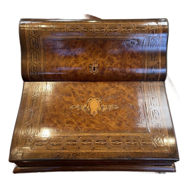Vintage Burlwood Portable Writing Desk With Inlaid Medallion For Sale