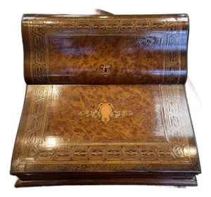 Vintage Burlwood Portable Writing Desk With Inlaid Medallion