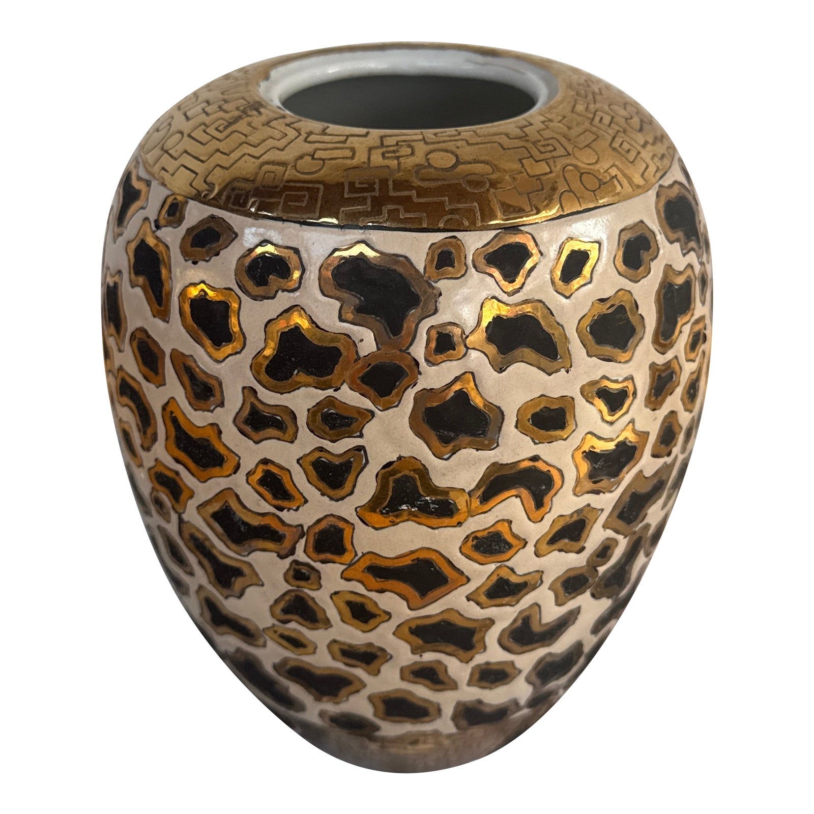 Vintage Chinese Leopard Print Vase With Gold Accents | Chairish