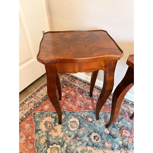 Add a touch of Italian elegance to any room with this pair of vintage burl wood accent tables, crafted in Italy and...