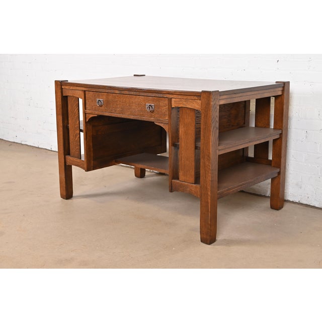 Stickley Brothers Stickley Brothers Antique Mission Oak Arts & Crafts Desk With Built-In Bookcases, Newly Refinished For Sale - Image 4 of 12