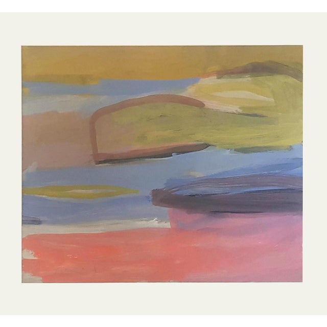 An expressive landscape reduced to broad fields of colour and simplified forms. Blue, red, ochre and warm earth tones...