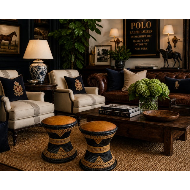 Pair of Mid-Century Anglo-Indian Leather & Rattan Drum Stools For Sale - Image 17 of 17