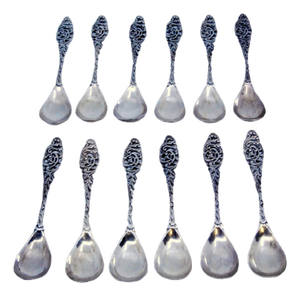 Silver Coffee Spoons with Scrolls and Shells Cut Handles, Set of 12