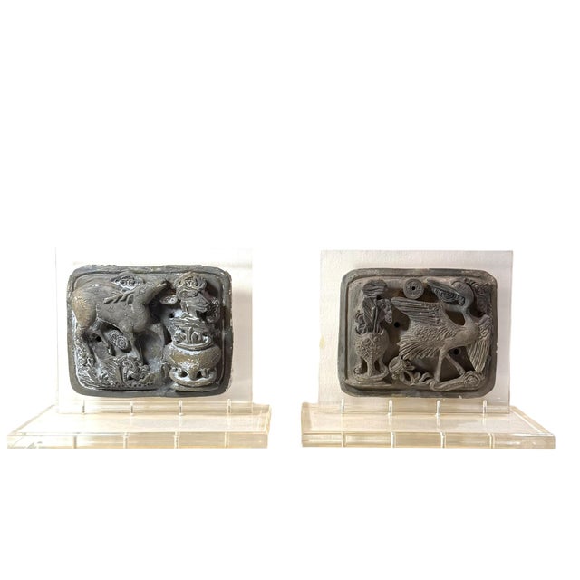 Chinese Early 18th Century Chinese Stone Relief Carvings on Custom Lucite Stands - A Pair For Sale - Image 3 of 17