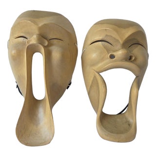 Indonesian Hand-Carved Hibiscus Wood Topeng Theater Scream Masks, 1950s, Set of 2 For Sale