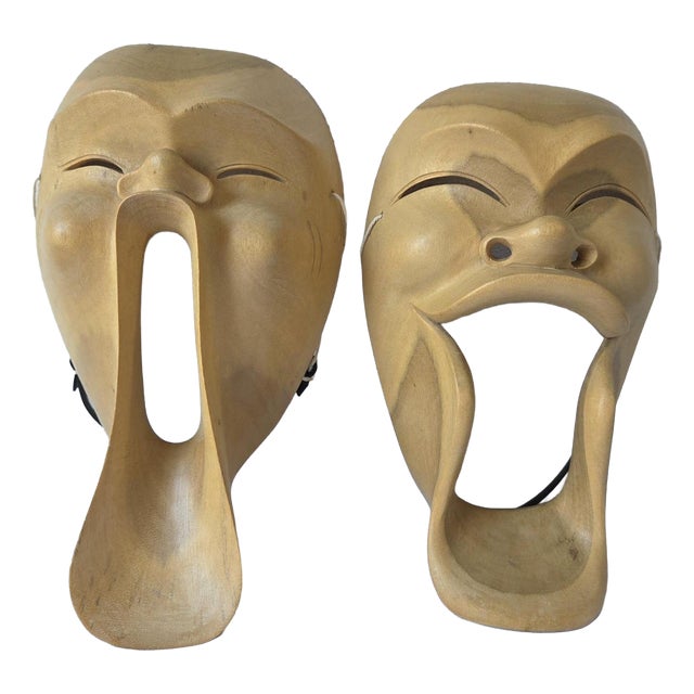 Indonesian Hand-Carved Hibiscus Wood Topeng Theater Scream Masks, 1950s, Set of 2 For Sale