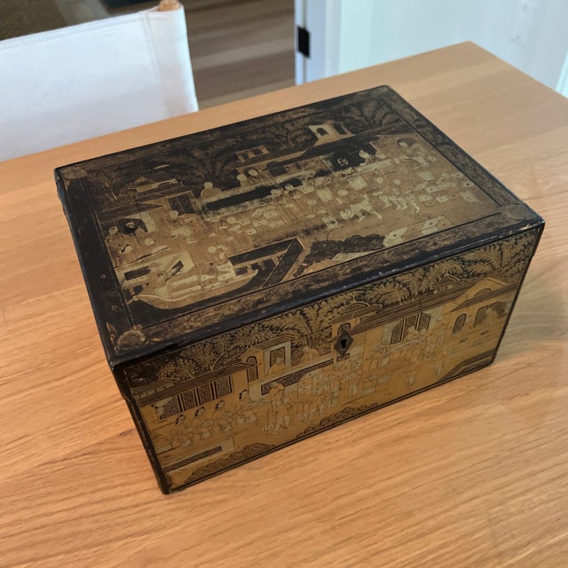 Chinese Antique Chinese Black Lacquered Tea Caddy For Sale - Image 3 of 11