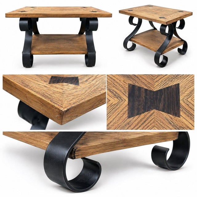 Rustic reclaimed wood coffee table / end table pair with black metal scroll legs and a lower wood shelf. The tops show a...