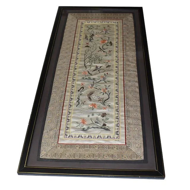 Taupe Chinese Silk Embroidered Tapestry Panel With Cranes and Floral Motif, Framed For Sale - Image 8 of 10