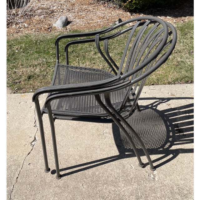 American Woodard Valencia Wrought Iron Patio Bistro Set 30" Table 2 Stacable Chairs For Sale - Image 3 of 6