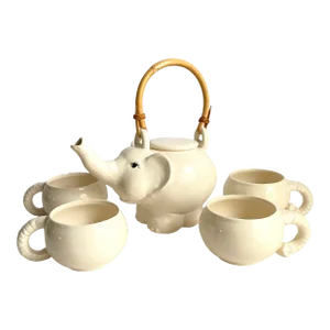 Vintage Elephant Tea Set Teapot & 4 Cups Signed