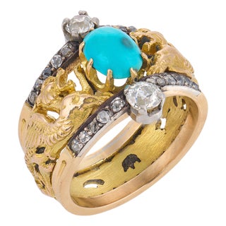 1910s Art Nouveau Turquoise Diamond 18k Yellow Gold Dragon Band, Size 7.5 For Sale
