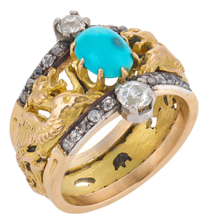 1910s Art Nouveau Turquoise Diamond 18k Yellow Gold Dragon Band, Size 7.5