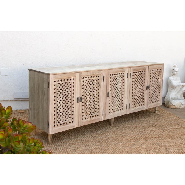 Ecru Sunbleached Wood Geometric Jali 5-Door Sideboard For Sale - Image 8 of 9