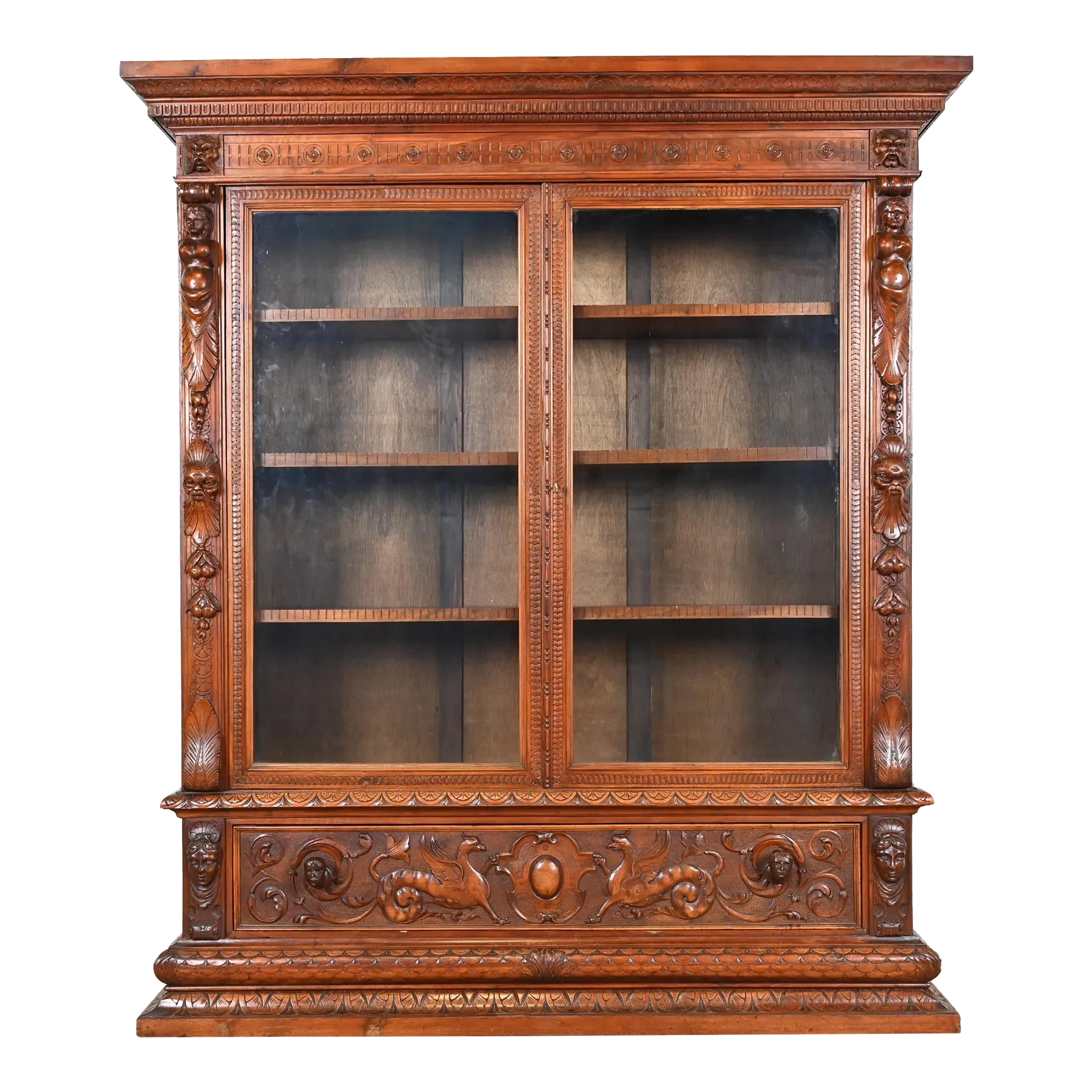 Antique French Renaissance Ornate Carved Walnut Bookcase Cabinet