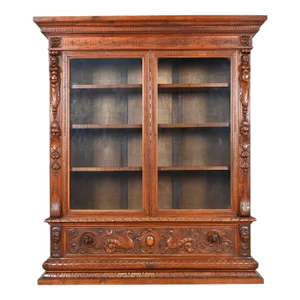 Antique French Renaissance Ornate Carved Walnut Bookcase Cabinet, Circa 1900