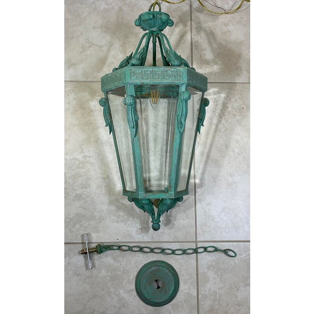 Vintage Neoclassical Verdigris Lantern – Greek Key Detail – Restored & Rewired For Sale - Image 12 of 15