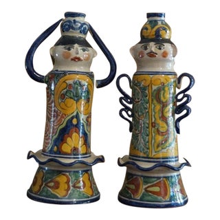 Italian Majolica Pottery Figural Candle Holders - a Pair For Sale