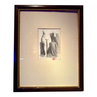 Vintage Exquisite Classical Pencil Sketch of Seated Female Nude (Lower Torso) by Daisuke Takeya For Sale
