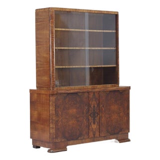 Large Art Deco Walnut Display Bookcase, 1930s For Sale