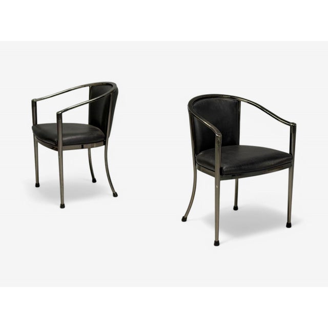 Karl Springer Style, Mid-Century Modern, Gunmetal, Leather, Armchairs, USA, 20th c. Pair of modernist armchairs in...