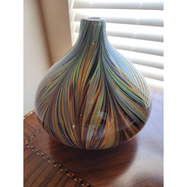Murano Large 11" Attributed to Murano Pulled Feather "Fenicio" Art Glass Vase – Fiery Sunset Palette For Sale - Image 4 of 7