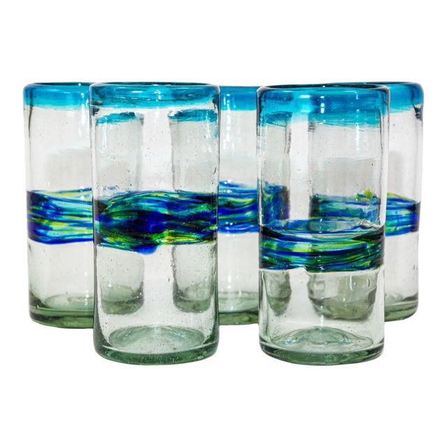 Vintage Mexican Tumblers Drinking Glasses With a Swirl Band Set of 5 Barware For Sale