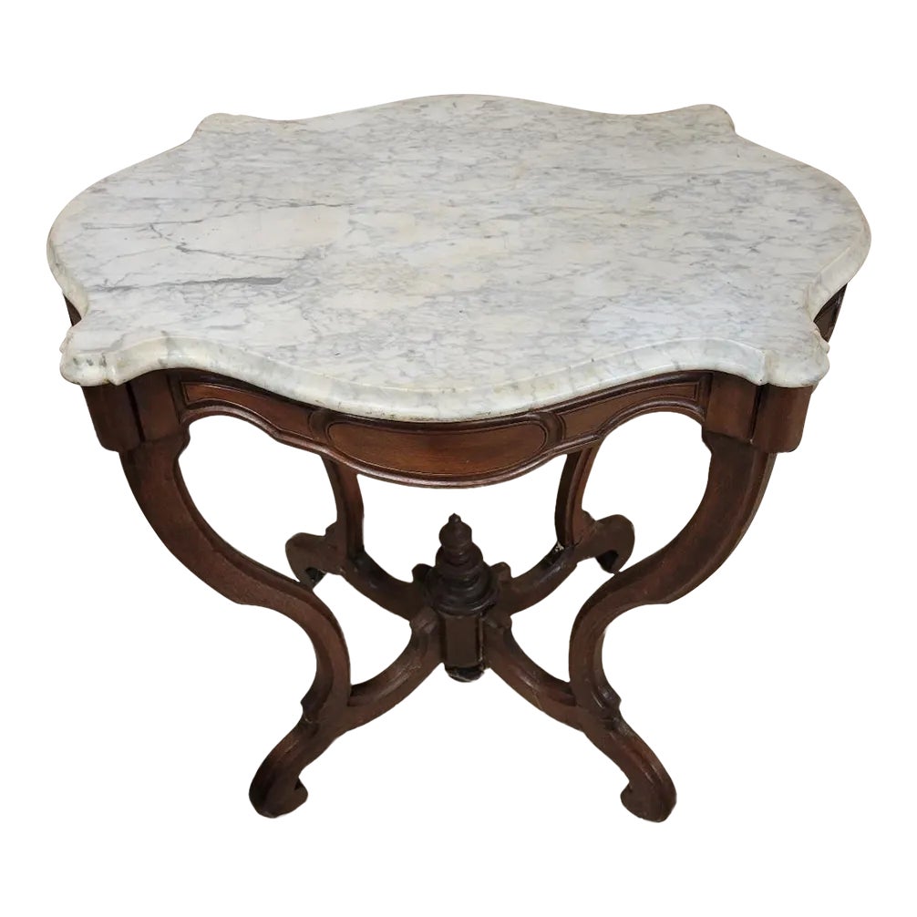 Victorian Mahogany or Walnut and Marble Turtle Top Table | Chairish