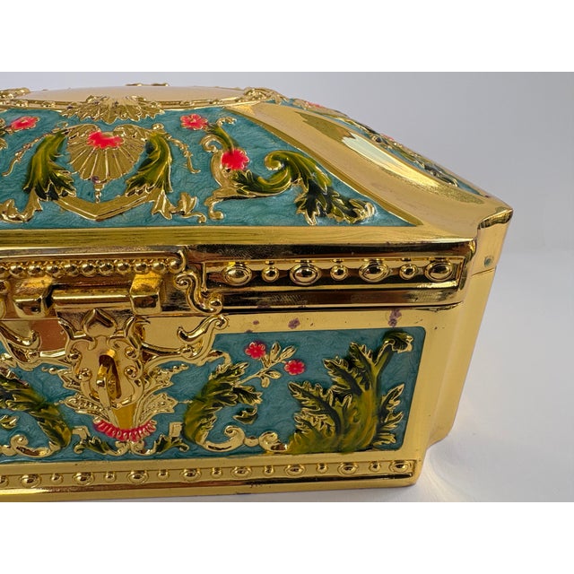 Gold Hollywood Regency Gilt Metal Jewelry Casket With Turquoise Enamel Panels & Velvet Interior For Sale - Image 8 of 11