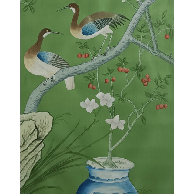 Chinoiserie Hand-Painted Wallpaper Panels, Emerald Green Background With Floral, Bird & Porcelain Vase Mural, Set of 2 For Sale - Image 6 of 6
