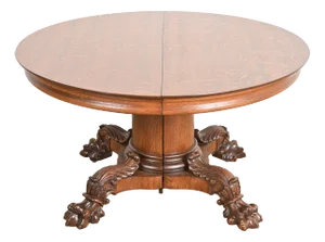 George C. Flint Co. Antique Victorian Oak Split Pedestal Extension Dining Table With Carved Paw Feet, Newly Refinished