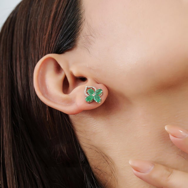 Emerald 4.22 Ct Natural Pear Emerald & Diamond Floral Cluster Stud Earrings in 925 Silver, a Pair For Sale - Image 8 of 12