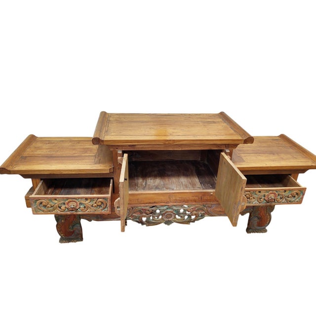 Large Mid-Century Balinese Hand-Carved Teak Sideboard - Hi-Lo Altar Cabinet For Sale - Image 10 of 18