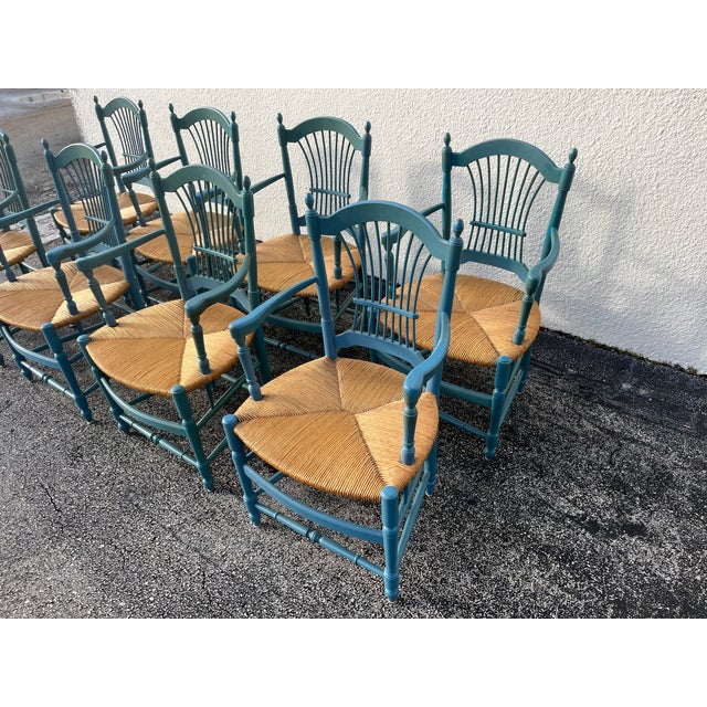 1980s Set of Eight Country French Wheat Sheaf Back Chairs, Rush For Sale - Image 14 of 17