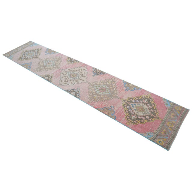 1960s Traditional Turkish Runner Hand Knotted Distressed Low Pile Pink Hallway Rug Kitchen Decor For Sale - Image 6 of 14