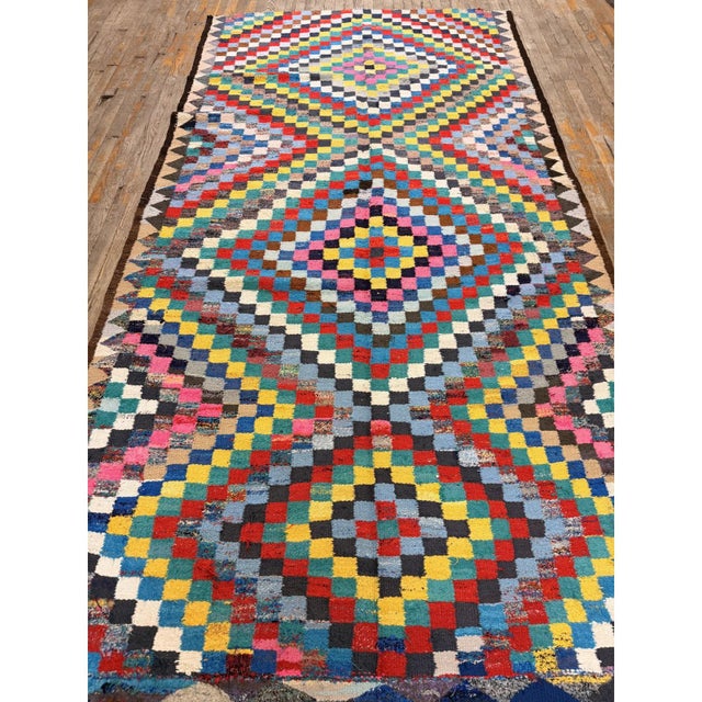 Turkish 1930s Antique Multicolor Diamond Turkish Village Kilim Runner Flatweave Wool Rug For Sale - Image 3 of 5