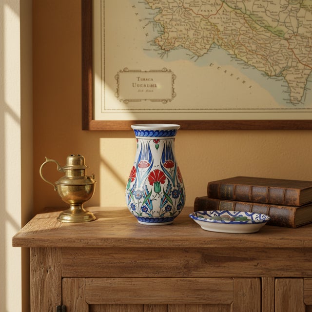 Handmade Ceramic “Pear” Vase (20cm) – Red Carnations & Blue Tulips – Classic Armudi Form For Sale - Image 4 of 8