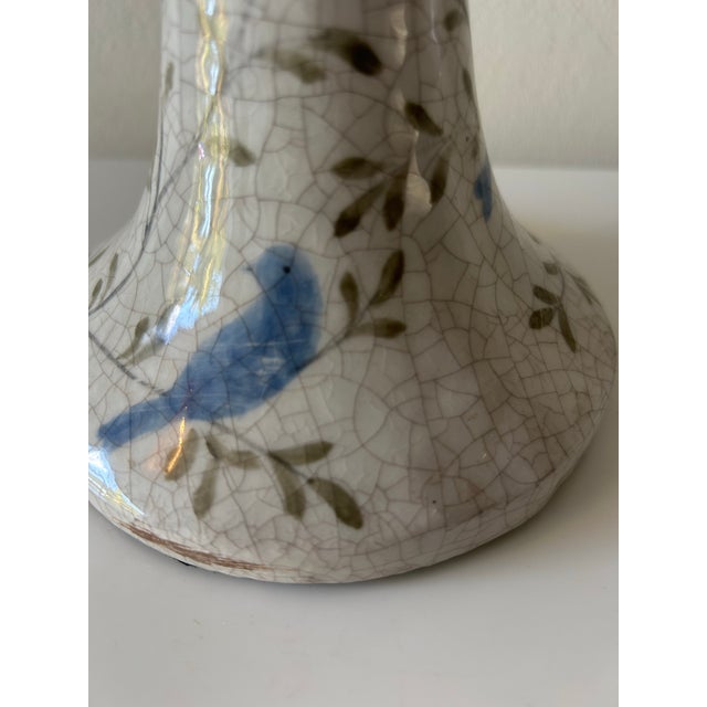 1990s Pair of Hand Painted Terracotta Candlesticks-Birds & Branches Motif For Sale - Image 9 of 10
