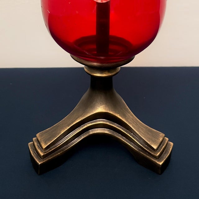 Ruby Red Mid-Century Modern Ruby Red Glass Lamp With Gilt Brass and Crystal Prisms For Sale - Image 8 of 9
