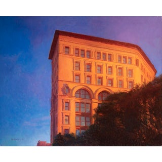 Downtown Run by Raymond Bonilla | Oil on Panel Painting of a building at sunset For Sale