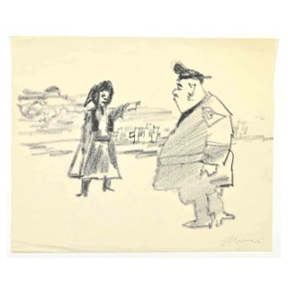 Mino Maccari, Police and Woman, Pencil Drawing, 1945 For Sale