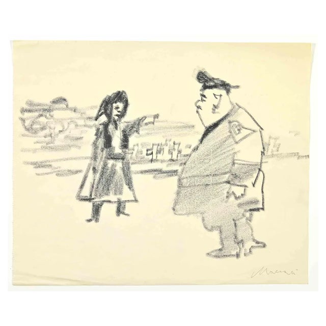 Mino Maccari, Police and Woman, Pencil Drawing, 1945 For Sale