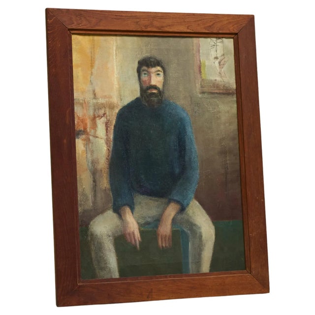 Belgian Artist, Portrait of a Sitting Man, 1964, Oil and Tempera Paint on Canvas For Sale - Image 12 of 12