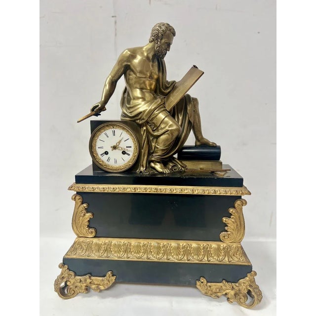 Napoleon iii bronze and marble mantelpiece set pendulum with pythagoras decoration in gilded bronze black marble base...