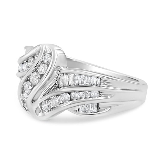 Contemporary 10K White Gold Ring 3/4 Cttw Round and Baguette-Cut Diamond Bypass Ring (H-I Color, I2-I3 Clarity) - EVS1010 For Sale - Image 3 of 6