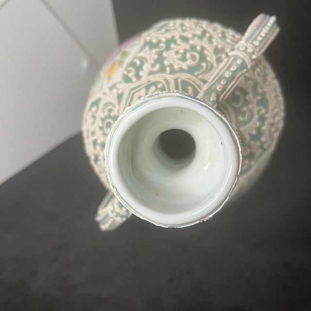 Early 21st Century Japanese Moriage Double Handle Bottle Vase Hand Painted Floral Porcelain 10” For Sale - Image 5 of 11