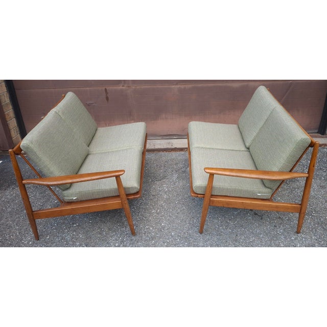 Two-Piece Mid-Century Teak Sofa With New Sage Green Upholstery For Sale - Image 11 of 11