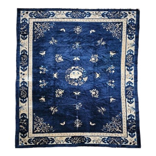 Antique Chinese Art Deco Rug, Hand-Knotted Wool Pile, Floral Motifs, 1900s For Sale